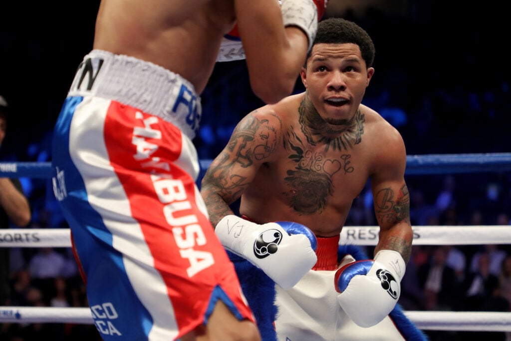 Gervonta Davis looks closely at Francisco Fonseca during their fight