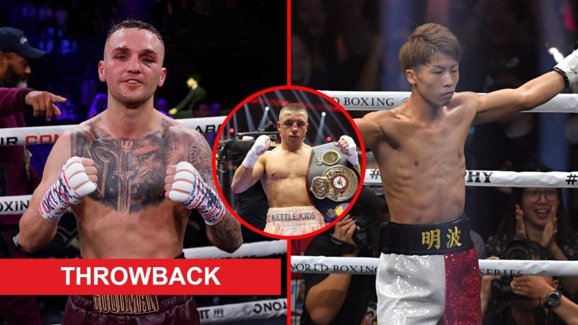 Split image of Sam Goodman and Naoya Inoue celebrating with an inset of Nick Ball with throwback label