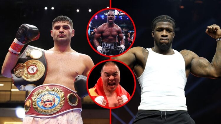 Split image of Filip Hrgovic celebrating and David Adeleye working out with insets of Daniel Dubois and Zhilei Zhang