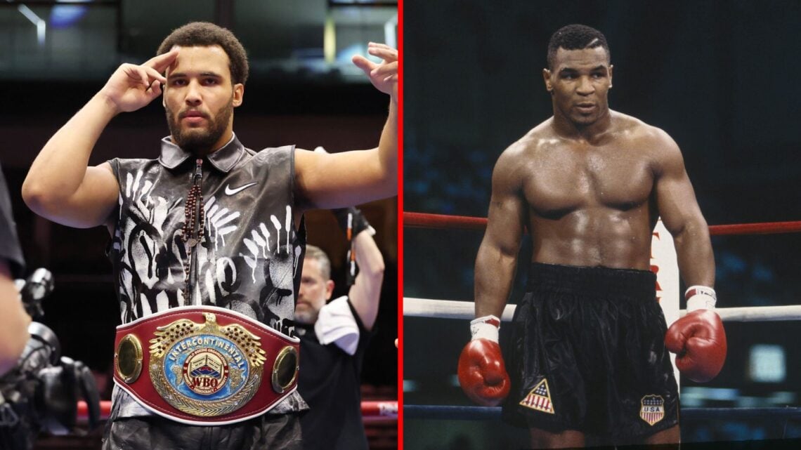 Split image of Moses Itauma celebrating and Mike Tyson during a fight
