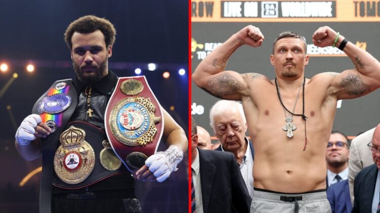 Split image of Moses Itauma with belts and Oleksandr Usyk weighing-in