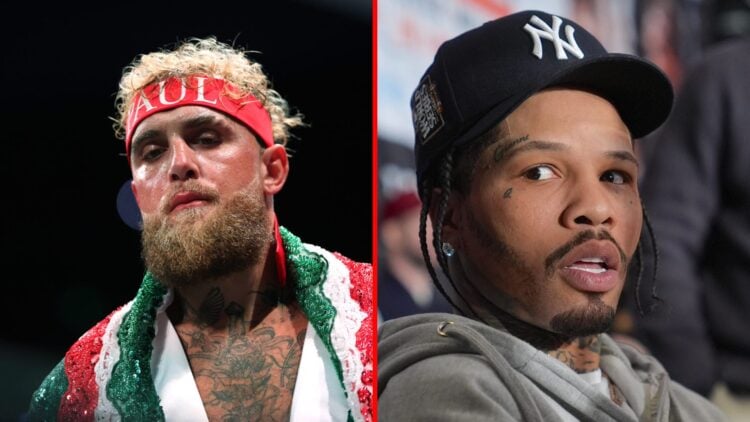 Split image of Jake Paul ahead of a fight and Gervonta Davis at a press conference