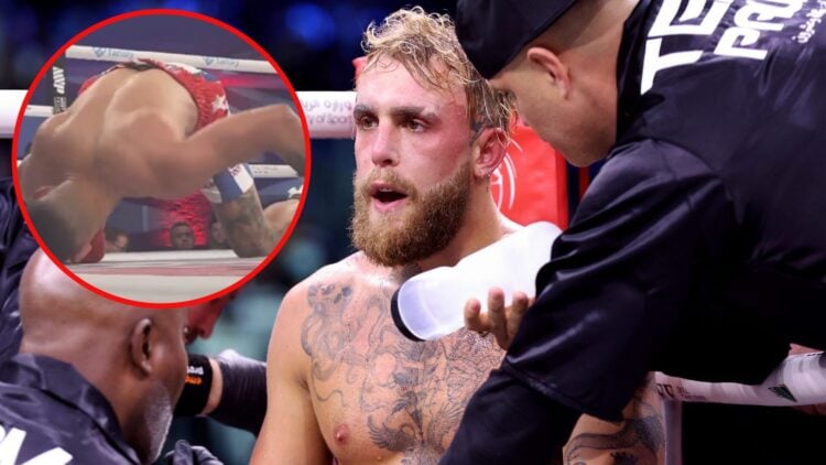 Jake Paul in the corner during his fight with Tommy Fury with an inset of Renny Viamonte getting knocked out