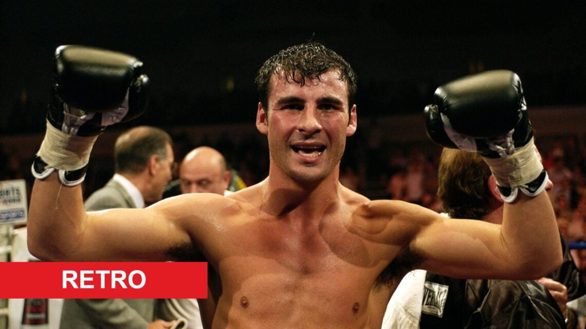 Joe Calzaghe celebrates defeating Byron Mitchell with retro label