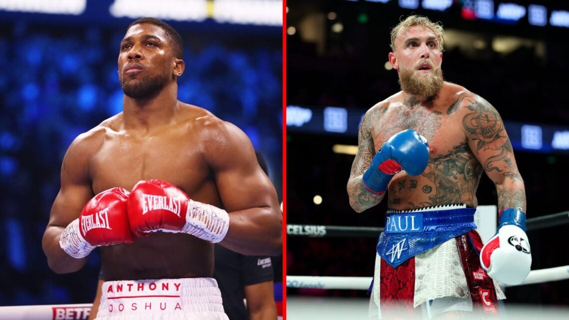 Split image of Anthony Joshua and Jake Paul inside the boxing ring