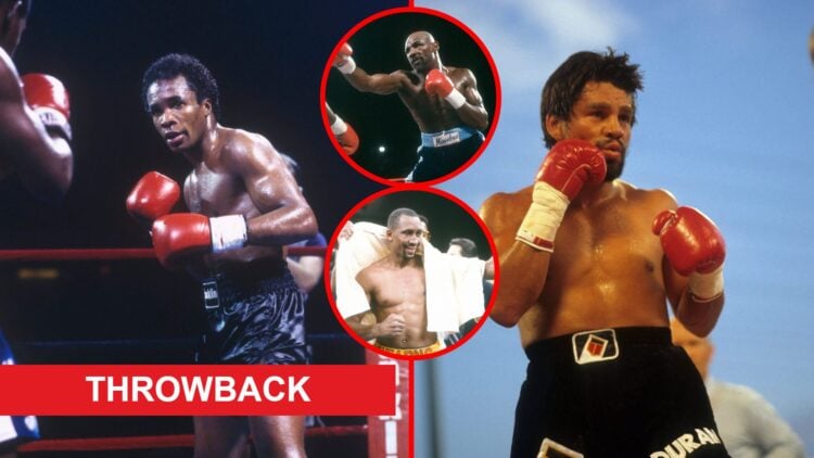 Split image of Sugar Ray Leonard and Roberto Duran boxing with insets of Marvin Hagler and Thomas Hearns with throwback label