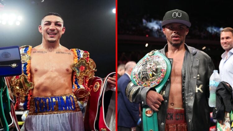 Split image of Teofimo Lopez and Shakur Stevenson with belts