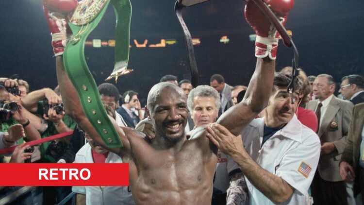 Marvin Hagler celebrates defeating Mustafa Hamstro