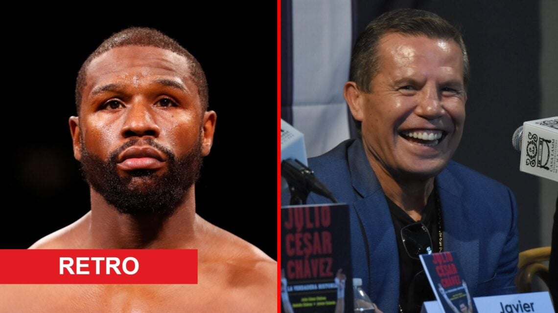 Split image of Floyd Mayweather during logan Paul fight and Julio Cesar Chavez at press conference with retro label