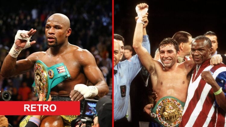 Split image of Floyd Mayweather and Oscar De La Hoya celebrating with retro label