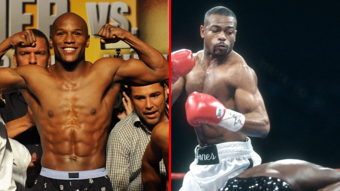 Split image of Floyd Mayweather weighing-in and Roy Jones Jr. fighting