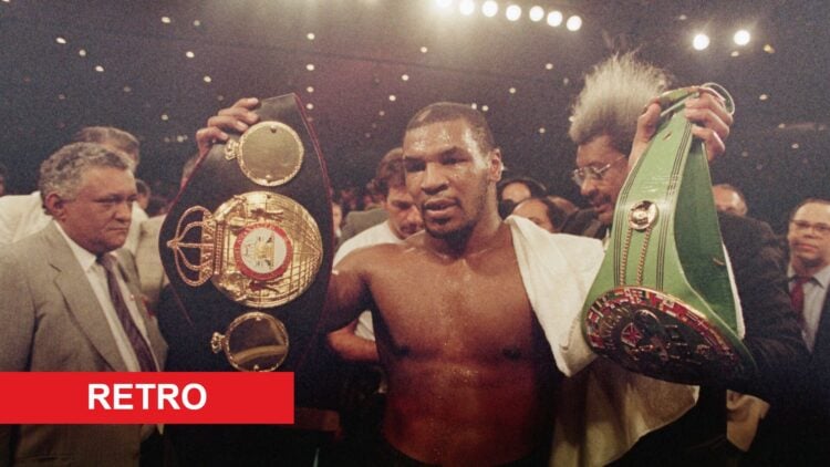 Mike Tyson celebrates defeating Tony Tucker with retro label