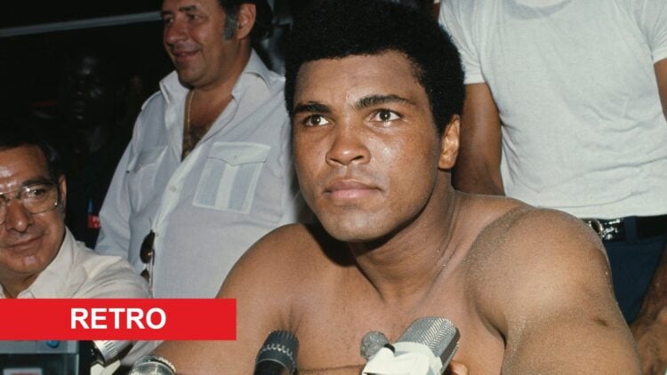 Muhammad Ali during press conference with retro label