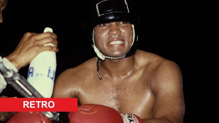 Muhammad Ali wearing a headguard with retro label
