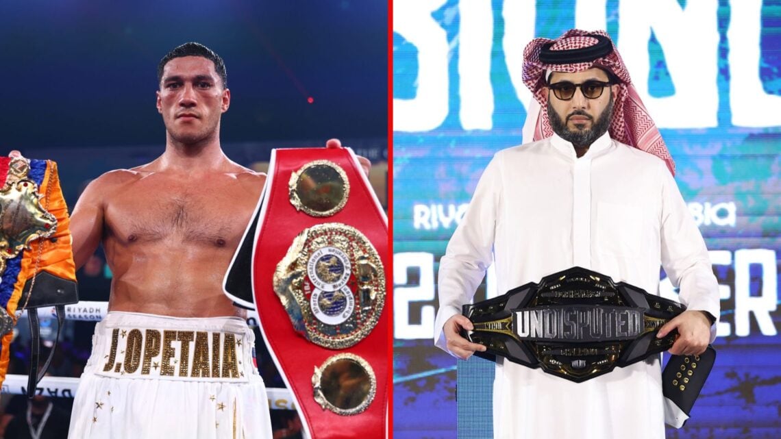 Split image of Jai Opetaia and Turki Alalshikh holding belts