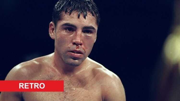 Oscar De La Hoya during his fight with Ike Quartey with retro label