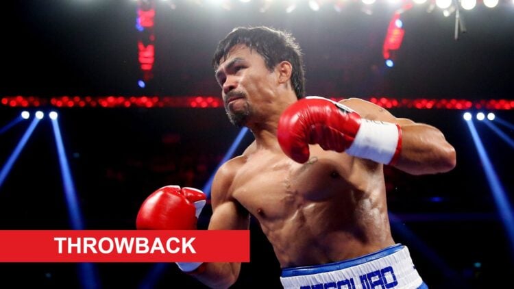 Manny Pacquiao during Chris Algieri fight with throwback label