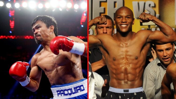 Split image of Manny Pacquiao boxing and Floyd Mayweather weighing-in