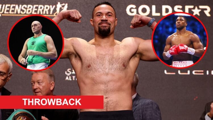 Joseph Parker weighing-in with insets of Tyson Fury and Anthony Joshua with throwback label