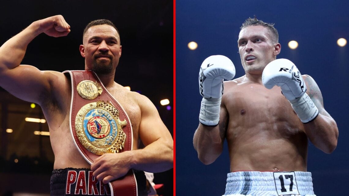 Split image of Joseph Parker celebrating and Oleksandr Usyk boxing