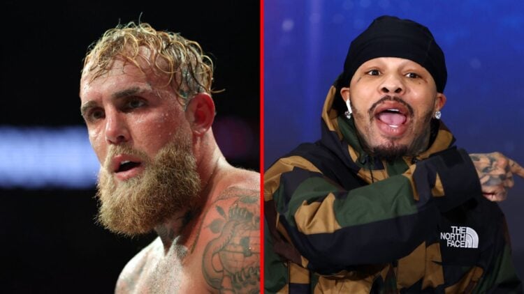Split image of Jake Paul during a fight and Gervonta Davis at a press conference