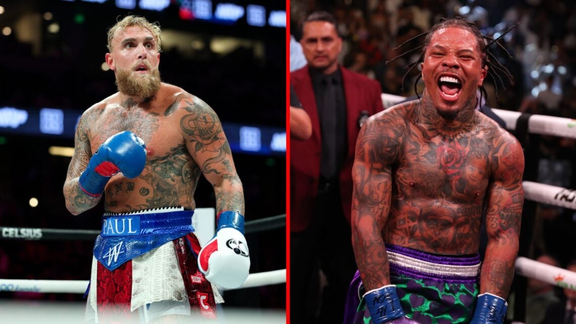 Split image of Jake Paul fighting and Gervonta Davis celebrating