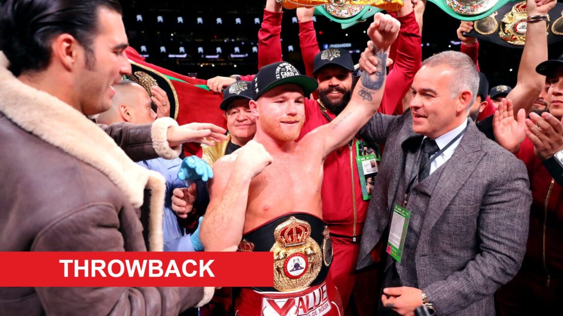 Canelo Alvarez celebrating defeating Rocky Fielding with throwback label