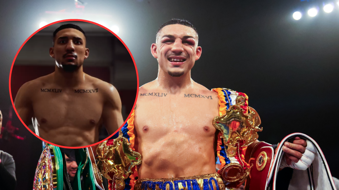 Teofimo Lopez with belts with an inset of the boxer in Undisputed video game