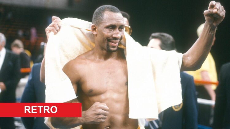 Thomas Hearns celebrates defeating Michael Olajide with retro label