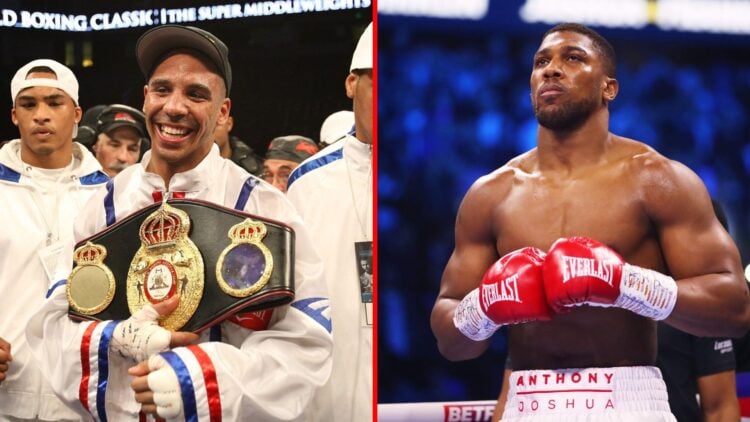Split image of Andre Ward celebrating and Antony Joshua in the ring