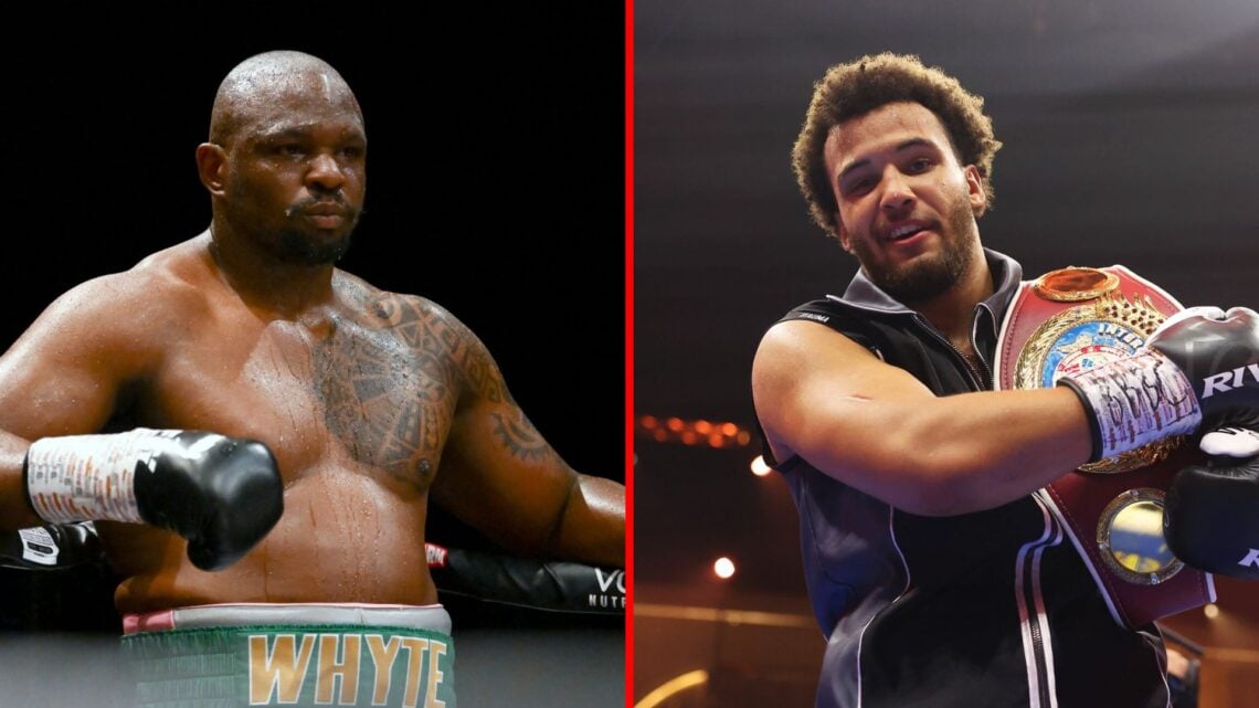 Split image of Dillian Whyte after fight and Moses Itauma with belt