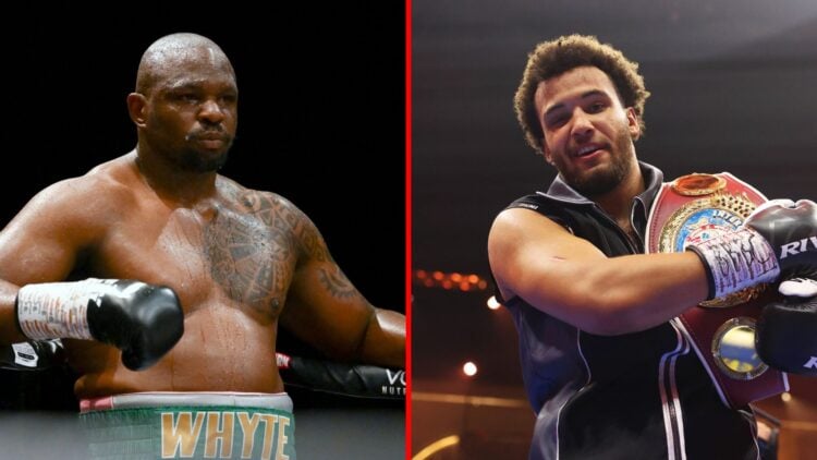 Split image of Dillian Whyte after fight and Moses Itauma with belt