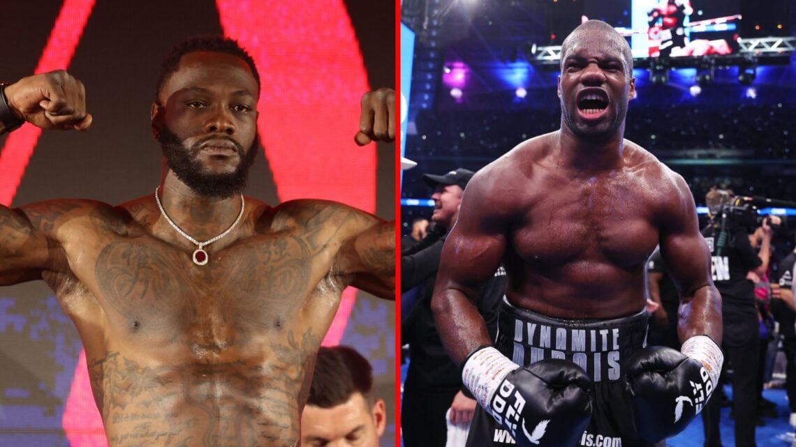 Split image of Deontay Wilder weighing-in and Daniel Dubois celebrating