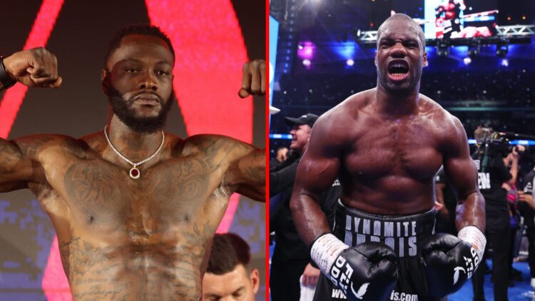 Split image of Deontay Wilder weighing-in and Daniel Dubois celebrating