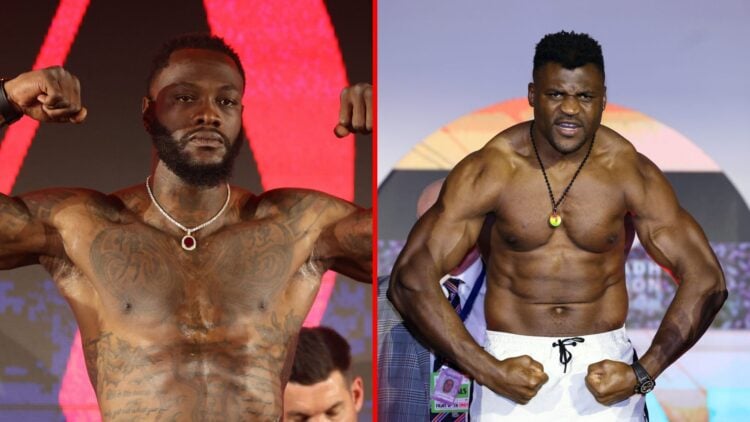 Split image of Deontay Wilder and Francis Ngannou weighing-in