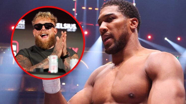 Anthony Joshua puts his thumb up in the ring with inset of Jake Paul laughing at Mike Tyson press conference