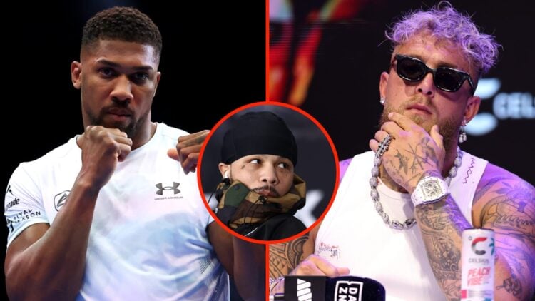 Left: Anthony Joshua attends the open workouts for his fight with Daniel Dubois. Insert: Gervonta Davis on stage during a pre-fight press conferenc...