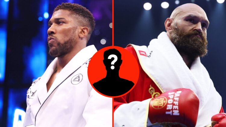 Left: Anthony Joshua in the ring before his fight with Daniel Dubois. Insert: Mystery Fighter. Right: Tyson Fury in the ring