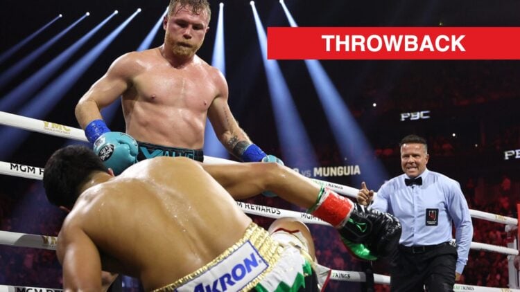 Canelo stands over a downed Jaime Munguia