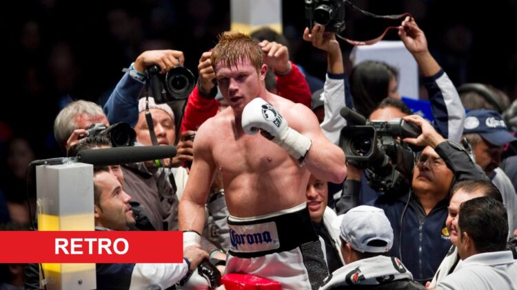 Canelo Alvarez celebrates in the ring after his WBC light middleweight title fight win over Kermit Cintron in 2011