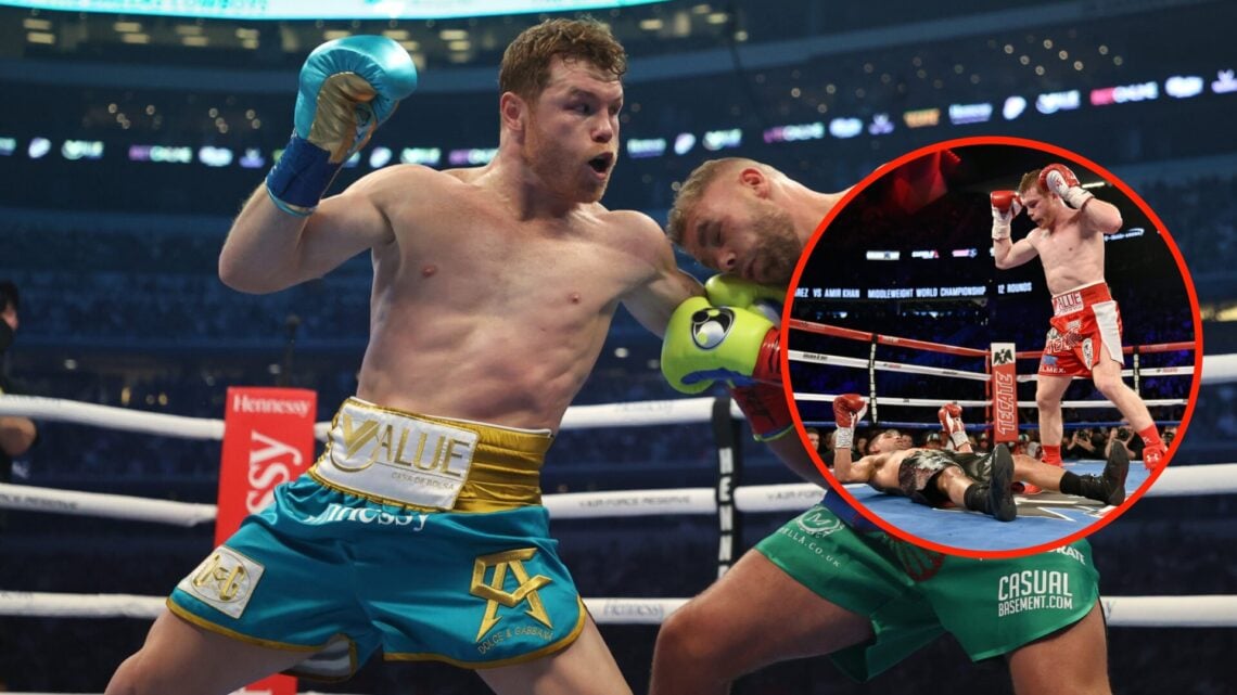 Canelo Alvarez punches Billy Joe Saunders and Canelo Alvarez stands over Amir Khan after knocking him out