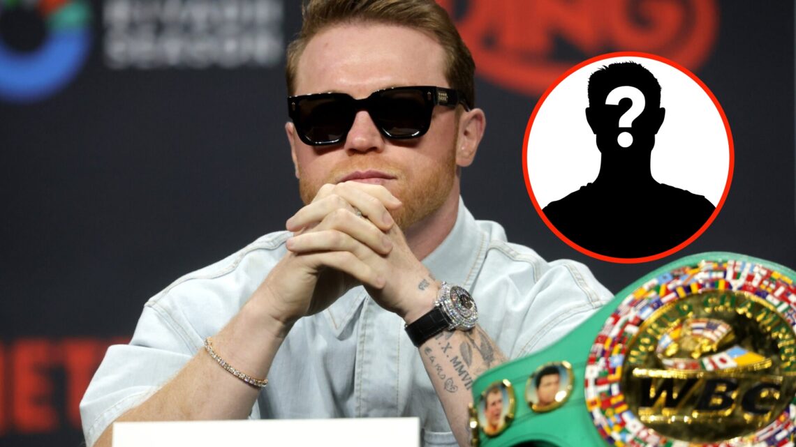 Center: Canelo Alvarez attends a pre-fight press conference for his fight with Terence Crawford in June, 2025 Insert: Mystery Fighter