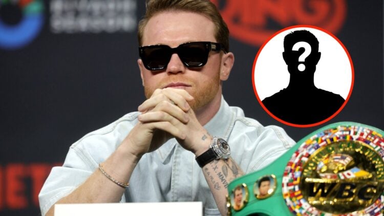 Center: Canelo Alvarez attends a pre-fight press conference for his fight with Terence Crawford in June, 2025 Insert: Mystery Fighter