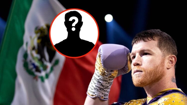 Insert: Mystery Fighter. Right: Canelo Alvarez enters the ring ahead of his title fight with Jaime Munguia in September, 2023.