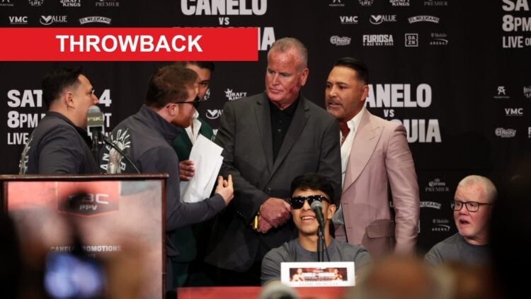 Canelo Alvarez argues with Oscar De La Hoya at a press conference