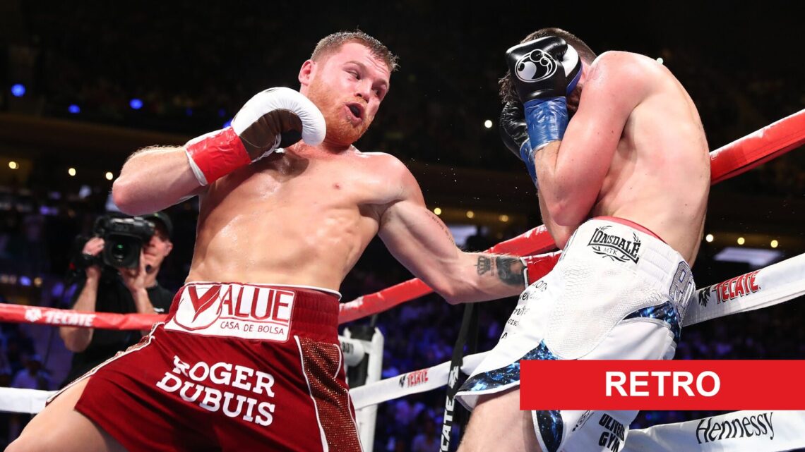 Canelo Alvarez hits Rocky Fielding with a brutal body shot that knocked him out