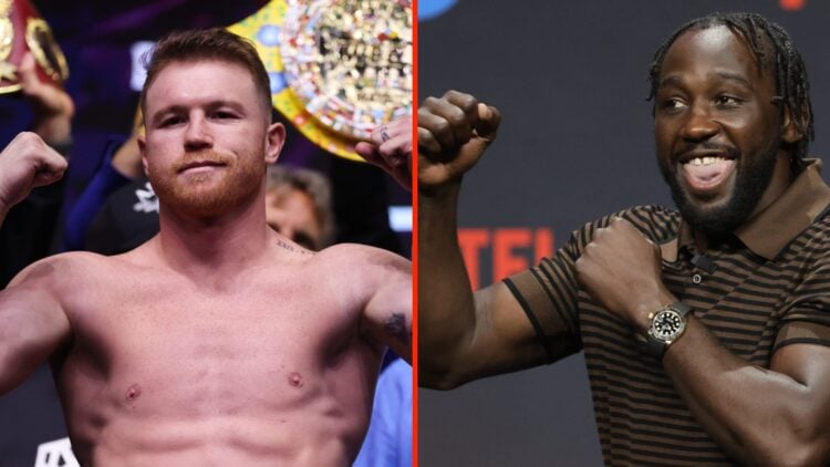 Canelo Alvarez weighing-in before his fight with William Scrull and Terence Crawford poses with fists at press conference