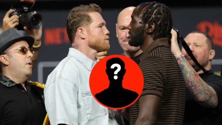 Center: Terence Crawford faces off with Canelo Alvarez during a pre-fight press conference in June, 2025 ahead of their super middleweight title fi...