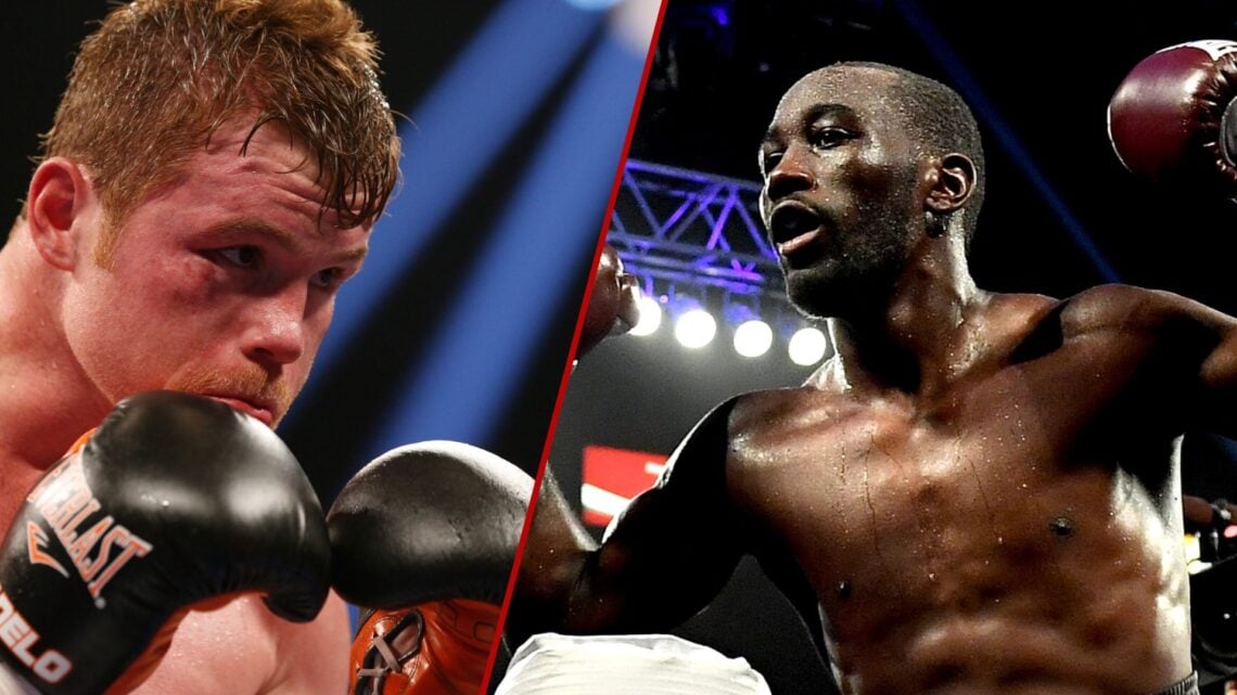 Canelo holds his hands up in the ring to guard split with Crawford raising his hands to celebrate a win