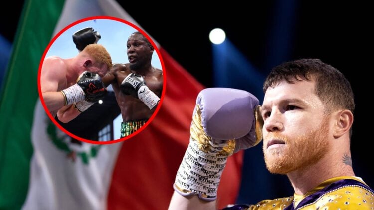 Canelo salutes in front of a Mexican flag with inset of Mark Jeffers vs Sean Hemphill